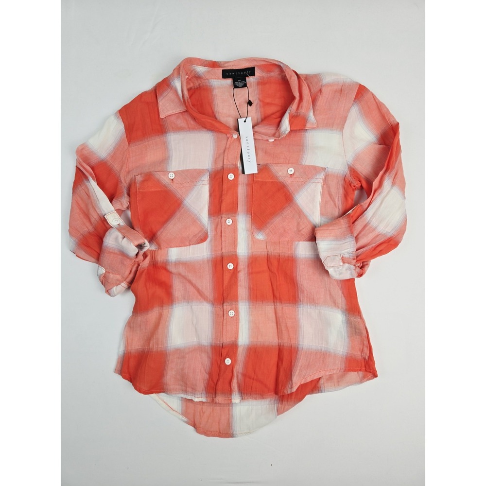 Sanctuary long sleeve button up shirt Womens Fall orange white check NWT XS